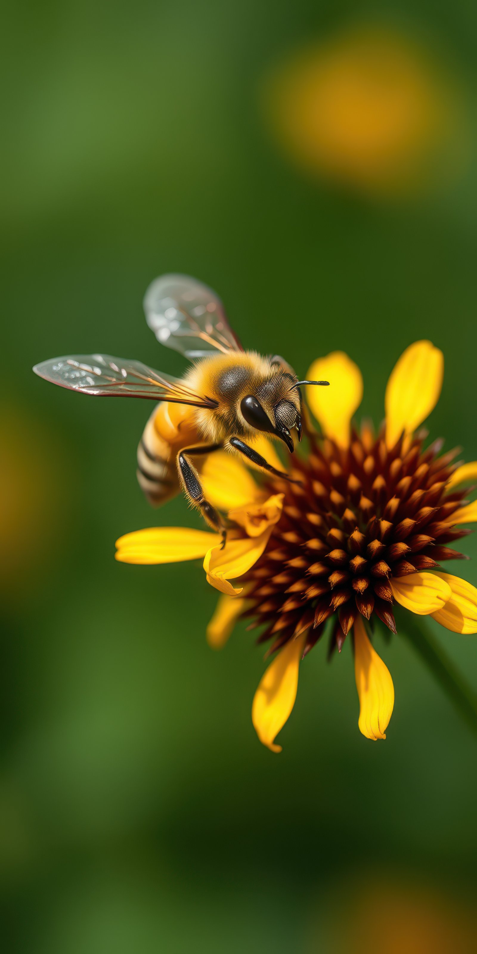 Bee collecting nectar from a vibrant yellow flower while surrounded by green foliage in a natural setting